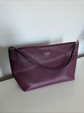 Guess Burgundy Pebbled Leather Shoulder Bag with Gold Logo